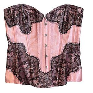 Adore Me Pink Black Lace Up Sati Bustier Corset Strapless Lingerie Fairy Sz XL